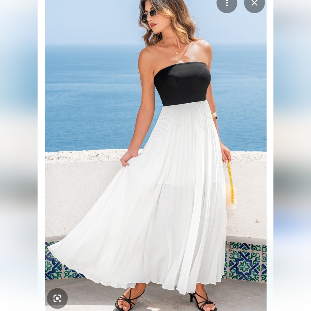 Cupshe Black And White Maxi Dress With Pleated Skirt Large